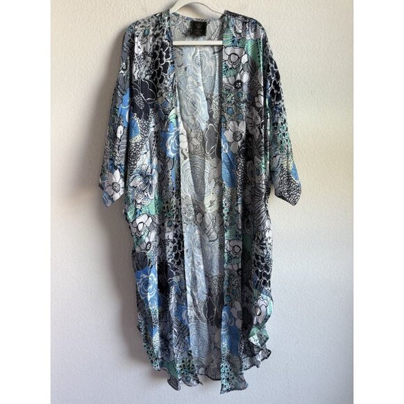 Winton + Waits Women Floral Bombay Blue Kimono Duster Open Front Boho OSFM Beach - Picture 6 of 15